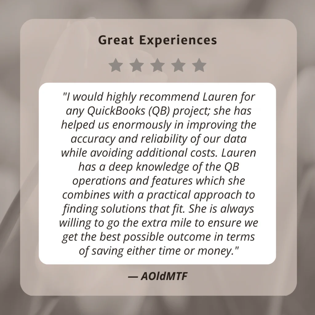 Client testimonial screenshot from AOldMTF for LaLa Accounting Software Support