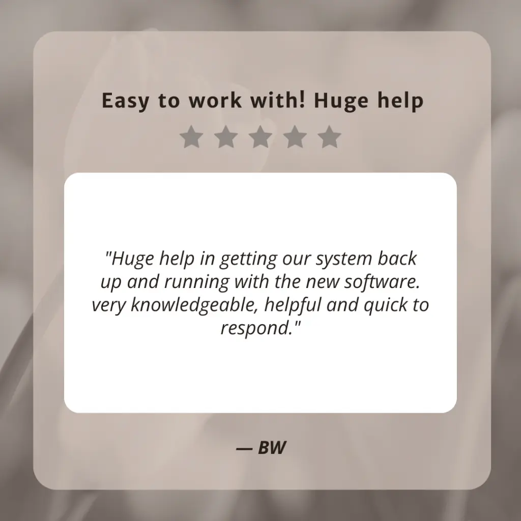 Client testimonial screenshot from BW for LaLa Accounting Software Support