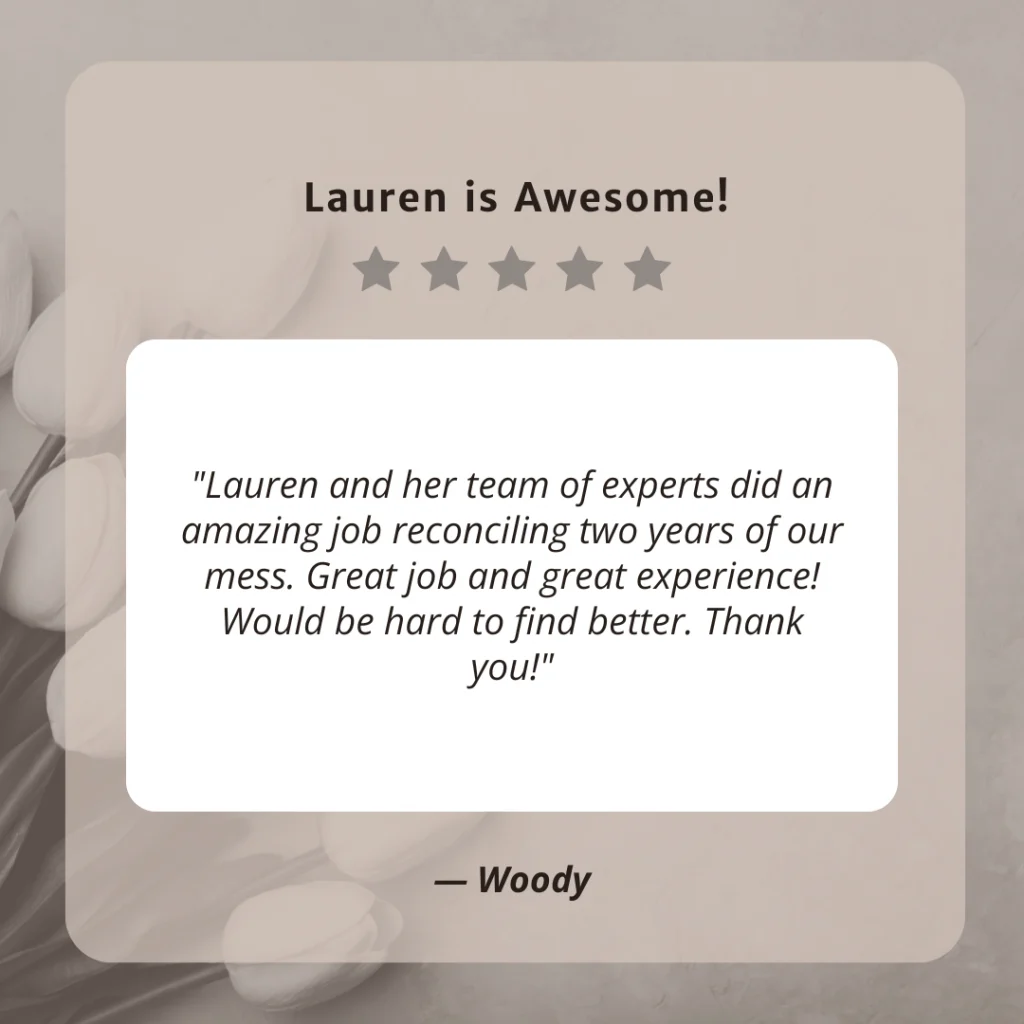 Client testimonial screenshot from Woody for LaLa Accounting Software Support
