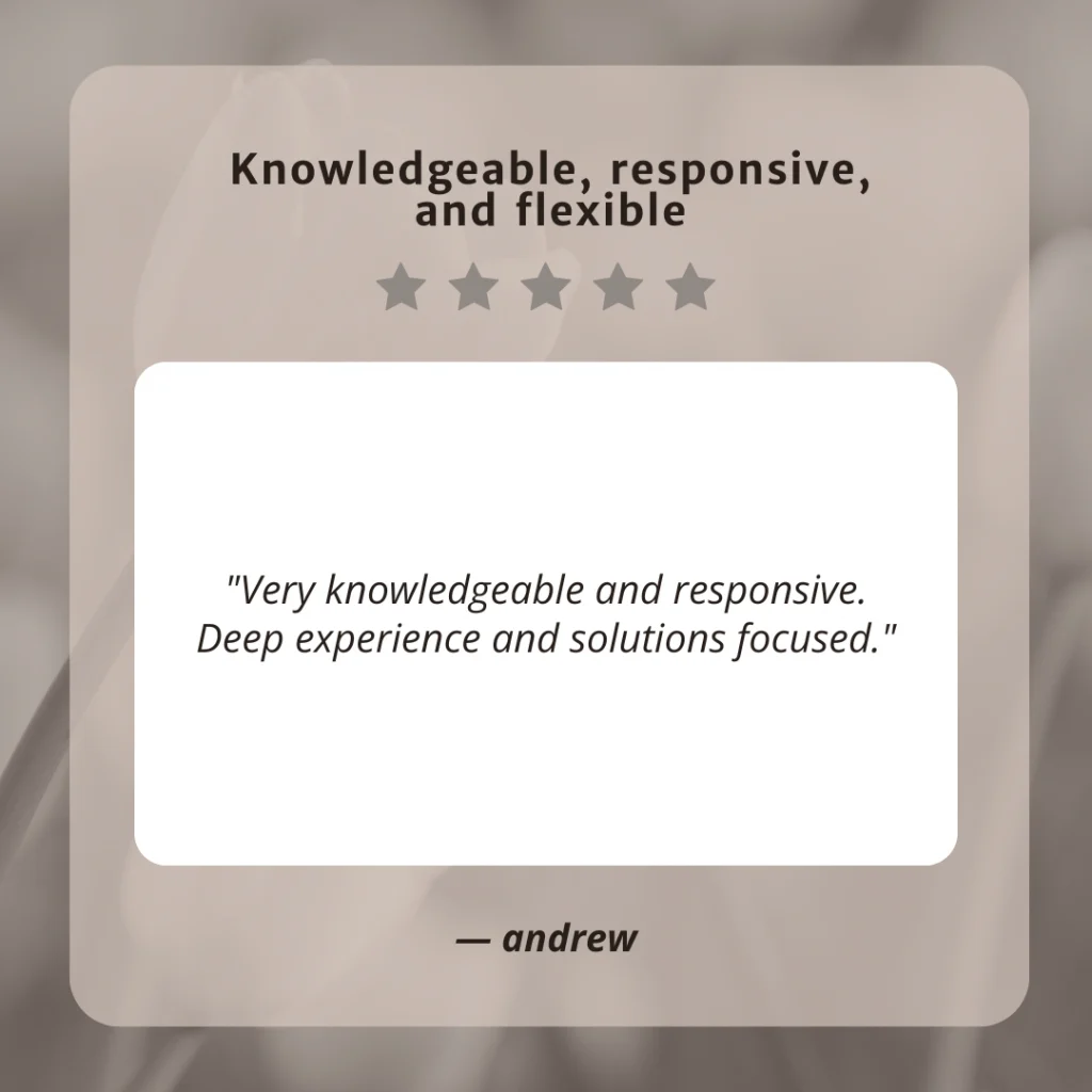 Client testimonial screenshot from Andrew for LaLa Accounting Software Support