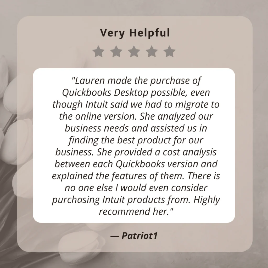 Client testimonial screenshot from Patriot1 for LaLa Accounting Software Support