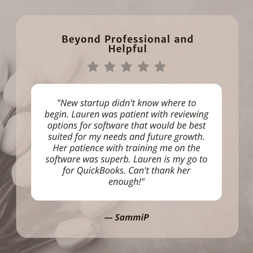 Client testimonial screenshot from SammiP for LaLa Accounting Software Support