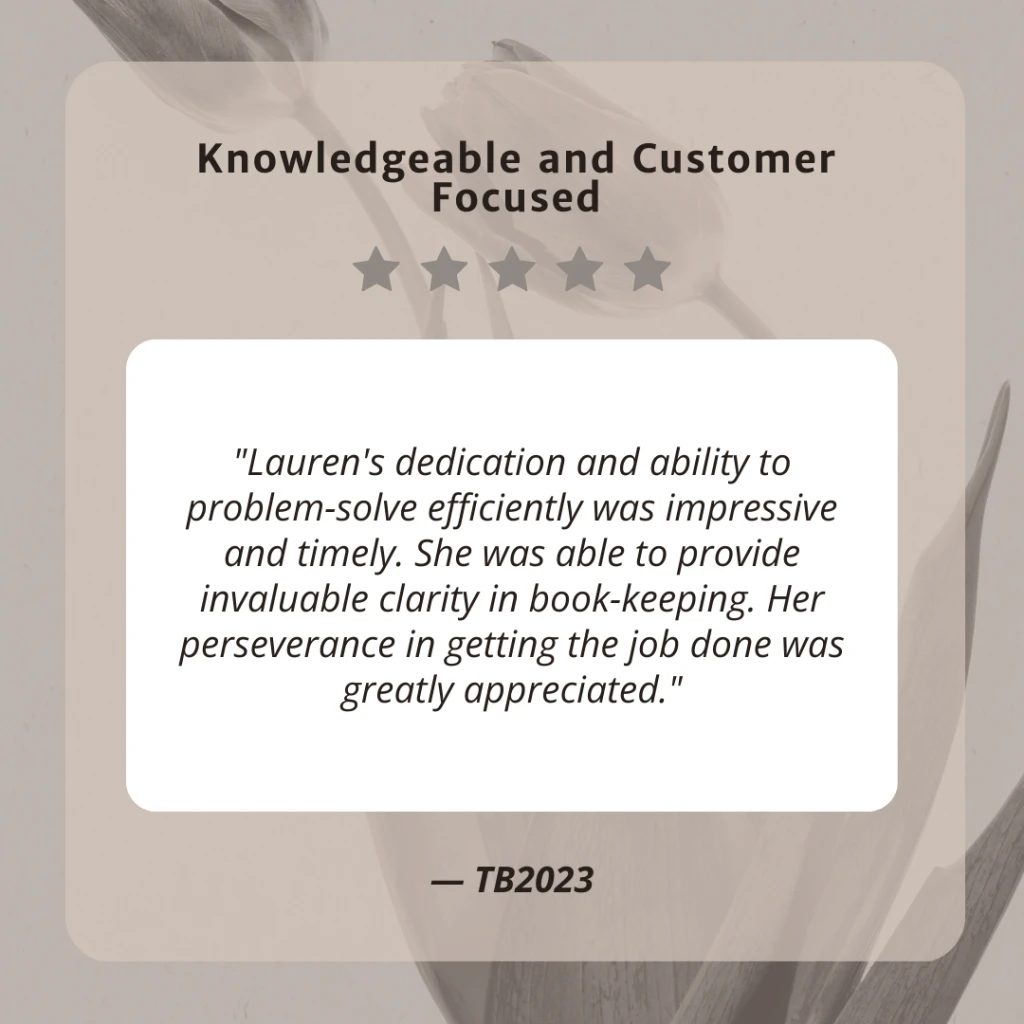 Client testimonial screenshot from TB2023 for LaLa Accounting Software Support
