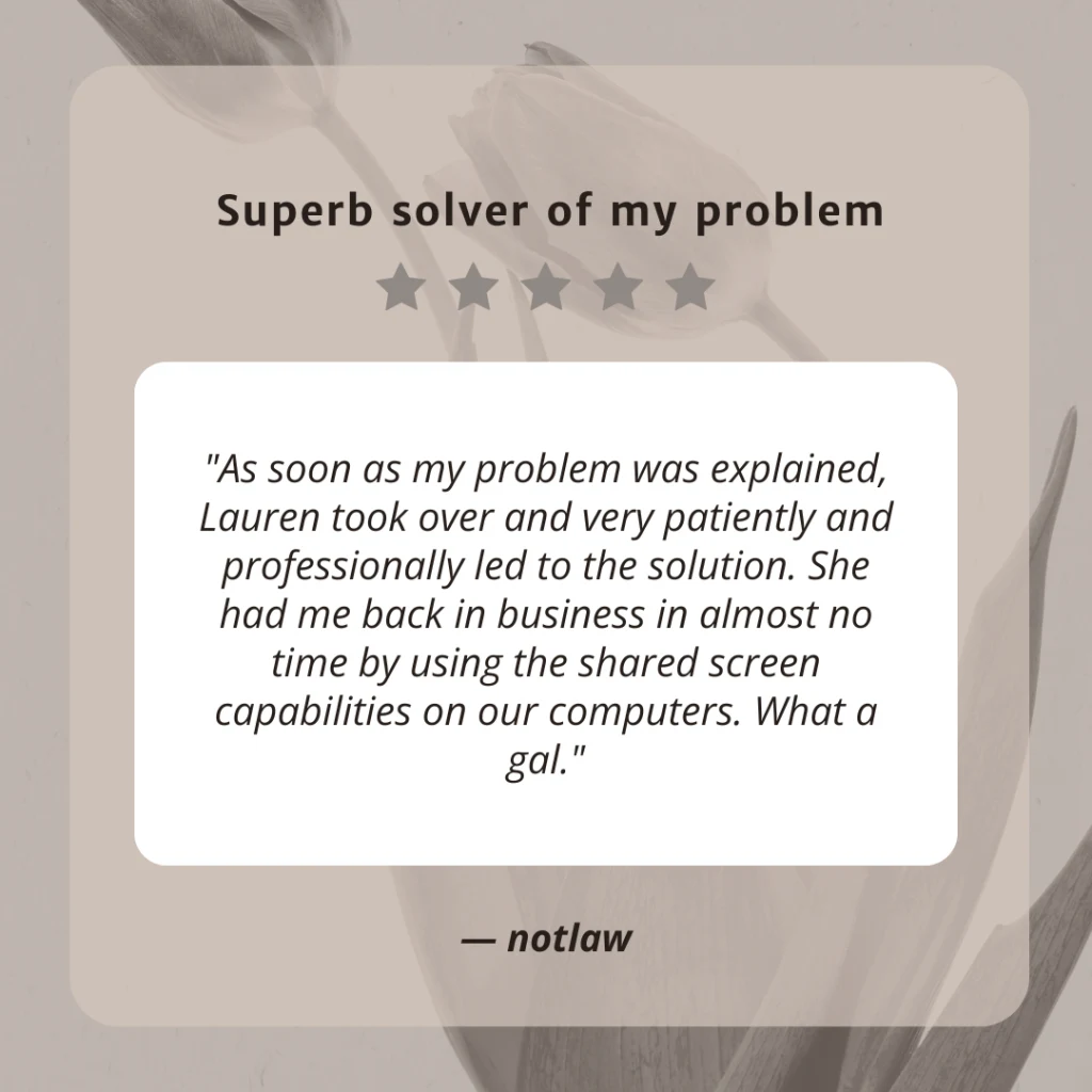 Client testimonial screenshot from Notlaw for LaLa Accounting Software Support